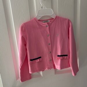 Pink Button-Up Cardigan with Ruffle Details
